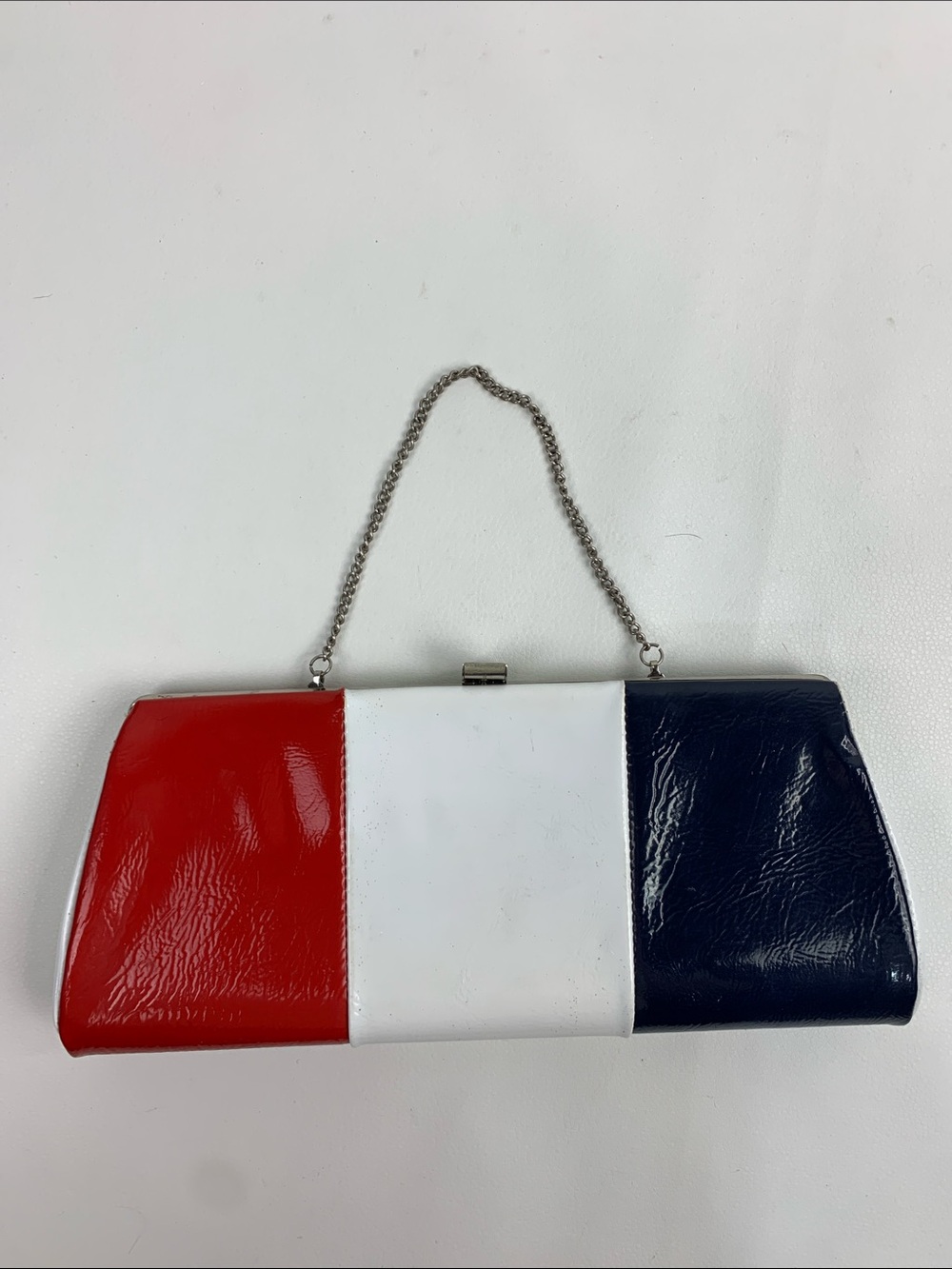 Vintage Tricolor Patent Leather Clutch Wallet Red White Navy Chain strap Silver